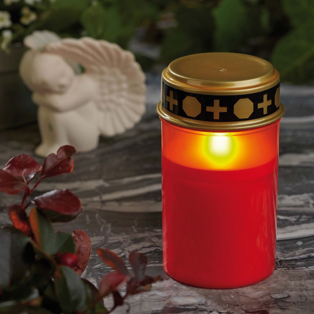 Hellum LED Grablicht Set 12 Stk. Display rot flackerndes Licht gelb Outdoor Batterie 999334