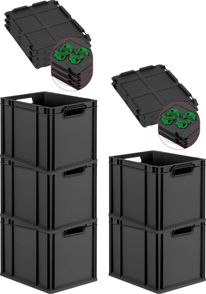SuperSparSet 5x Eurobox NextGen Grip mit Scharnierdeckel und grünen Schiebeschnappverschlüssen | HxBxT 32x30x40cm | 30 Liter | Schwarz | Griffe o...
