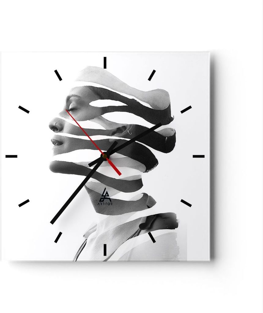 Wanduhr - Quadrat - Glasuhr - Frau Surrealismus Monochrom - 40x40cm - Schleichendes Uhrwerk - Lautlos - zum Aufhängen bereit - Dekoration Modern -...