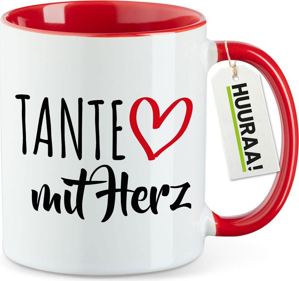 Huuraa Kaffeetasse Tante mit Herz 330ml Rot Keramik Kaffeebecher Geschenkidee