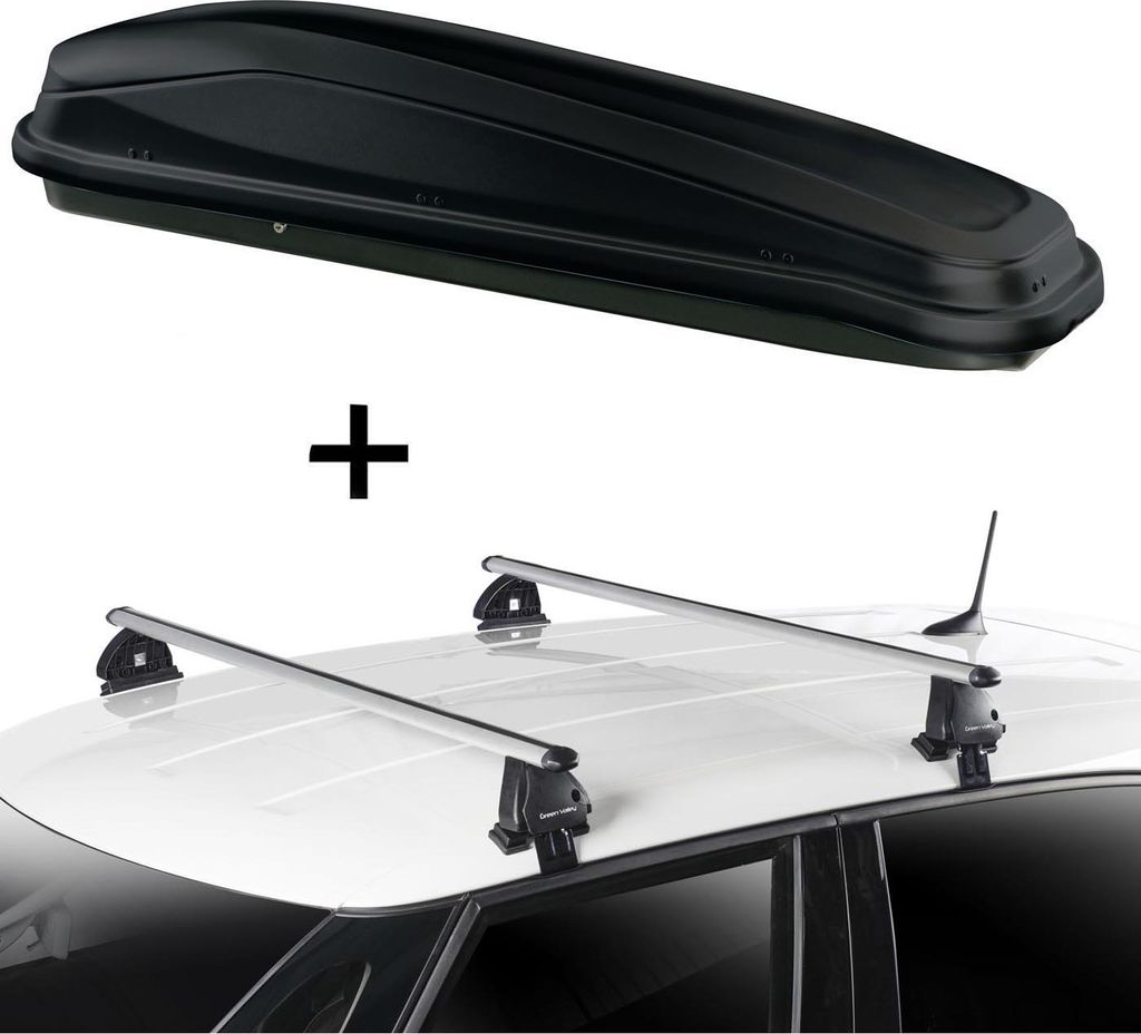 Dachbox JUEASY300 300 Liter schwarz + Dachträger VDP EVO ALU kompatibel mit für Mercedes Classe A (W168) 5 Türer 1997-2004