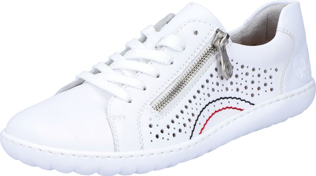 A white leather sneaker with a side zipper and perforated details.