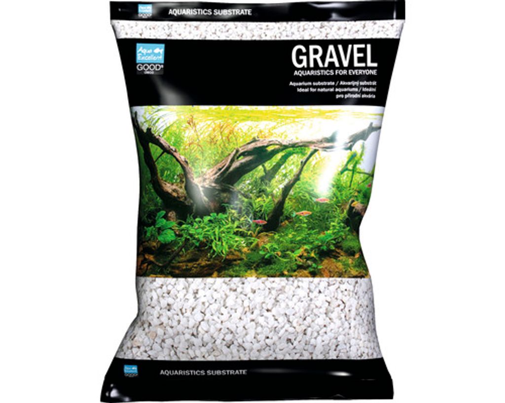 A bag of white aquarium gravel with a picture of a planted aquarium on the front.