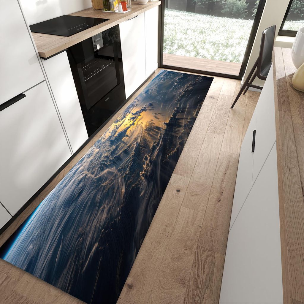 Küchenteppich 80x300cm rutschfest & abwischbar PVC Läufer - Sonnenaufgang & Erde