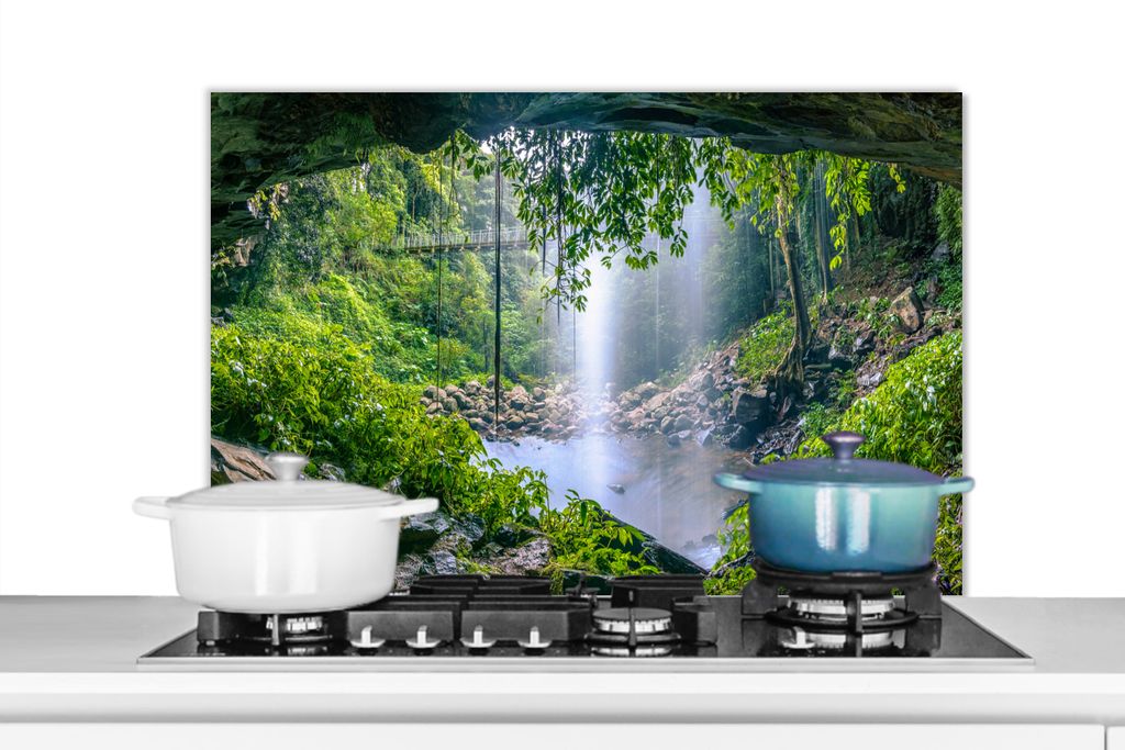 KitchenYeah Spritzschutz Küche - Küchenrückwand - Wandschutz für Herd und Spüle - Dschungel - Regenwald - Wasser - Wasserfall - Pflanzen 90x...
