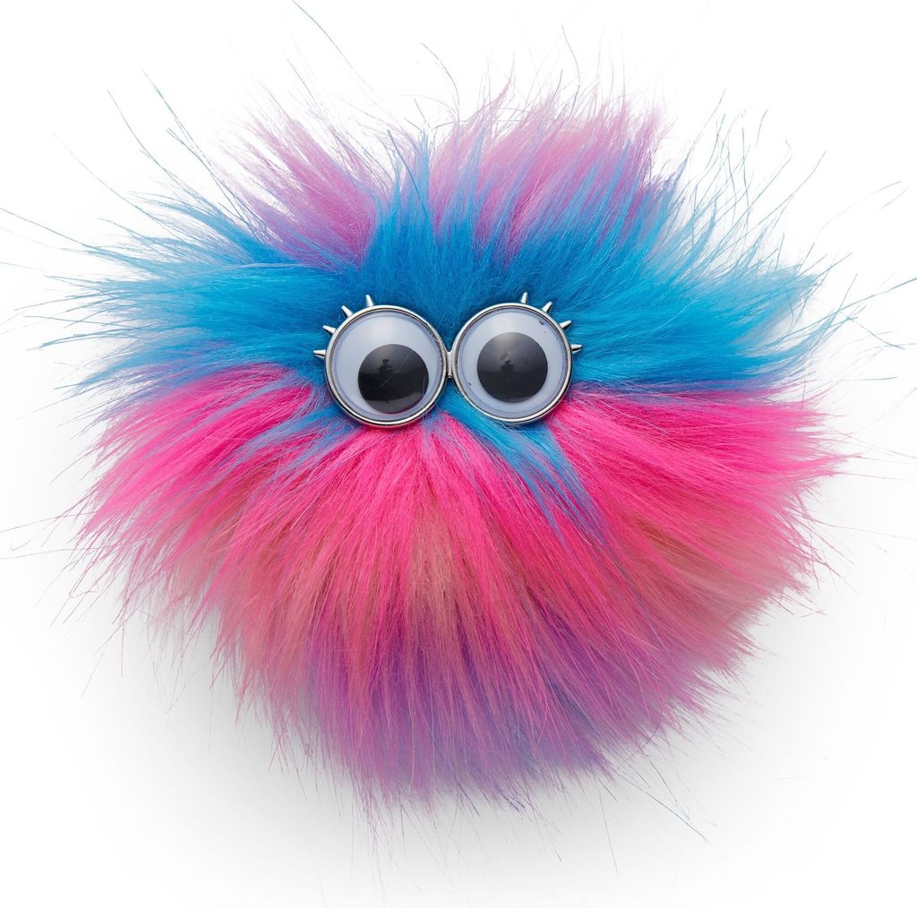 A fluffy, colorful pom-pom with googly eyes.