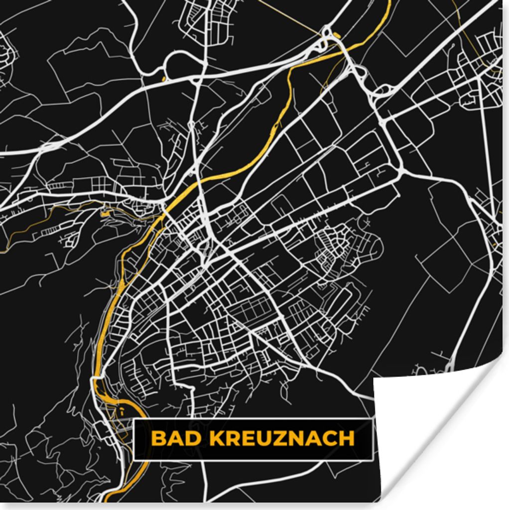 MuchoWow Poster Deutschland - Schwarz und Gold - Bad Kreuznach - Stadtplan - Karte 75x75 cm - Wand Dekoration