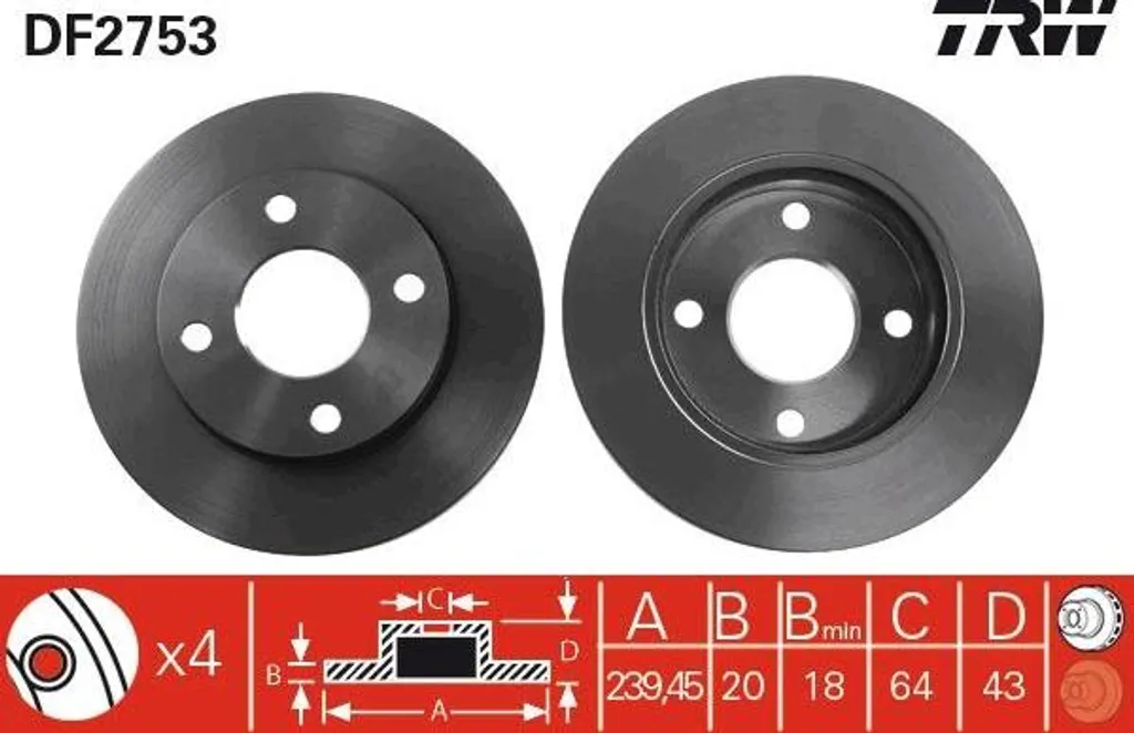 Disque de frein TRW DF2753 OE 1320582 pour Ford Fiesta, KA et Puma