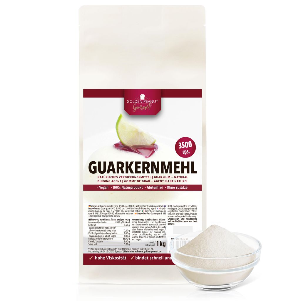 GOLDEN PEANUT Gourmet Guarkernmehl 3500 cps Viskosität 1 kg, zum Andicken von Speisen und Gebäck, vegan und glutenfrei