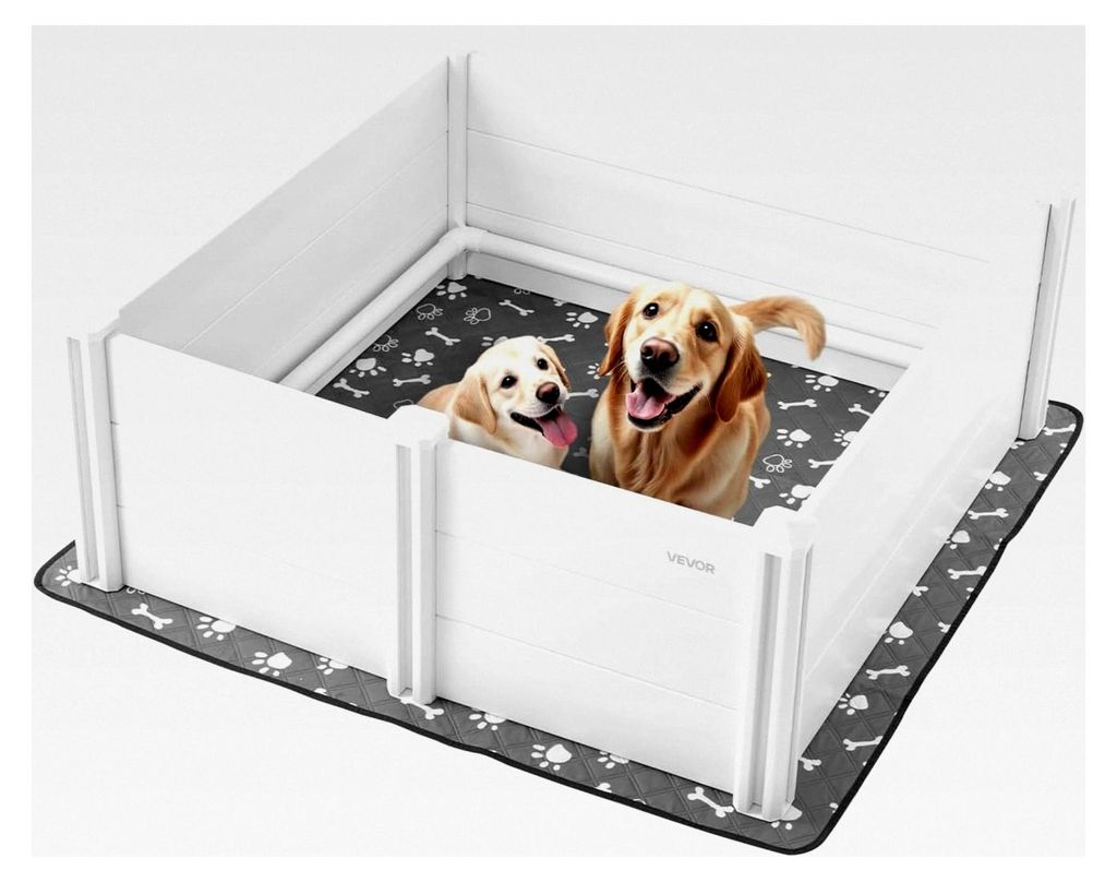 Wurfkiste für Hunde, 122x122x46cm, Welpenlaufstall aus Kunststoff-PVC mit höhenverstellbarer Tür und waschbarer Unterlage, verformungssichere We...