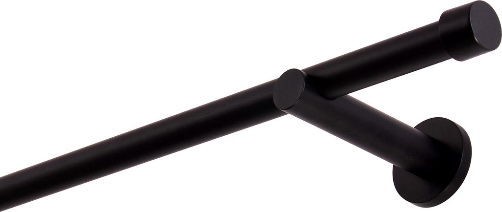 A black metal curtain rod with end caps, shown against a white background.