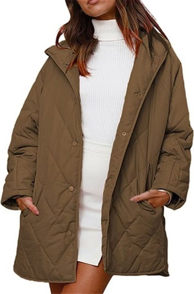 ASKSA Damen Jacken Winter Warme Lange Diamant Steppjacke Casual uebergrosse Leichte mit Kapuze, Khaki, XL