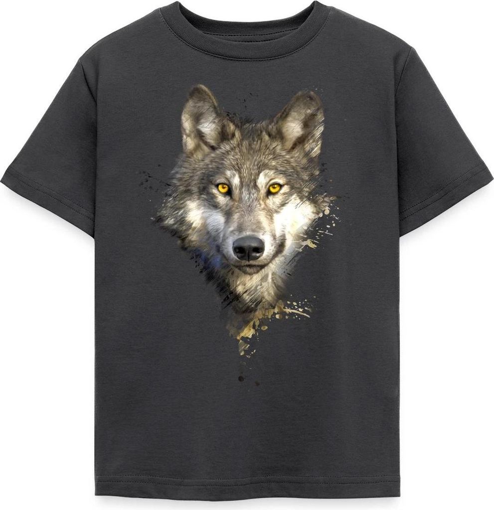 Spreadshirt Wolf Motiv Einsamer Wolf Husky Outdoor Geschenk Kinder T-Shirt, 122/128 (7-8 Jahre), Dunkelgrau
