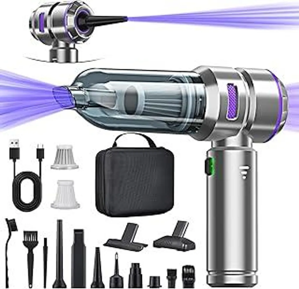 Aspirapolvere portatile 4 in 1 con batteria ricaricabile, aspirapolvere potente per auto, aspirapolvere portatile senza fili da 25000 PA, soffiatore elettrico a 3 velocità da 220000 giri/min con getto d'aria compressa per auto, cucina, PC, divano, ufficio, casa e pulizia dei peli di animali domestici. - 1