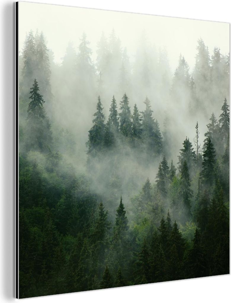 MuchoWow Wanddekoration Metall Metallbild Wandkunst 20x20 cm Wald - Nebel - Bäume - Natur MuchoWow Aluminium Gemälde - Alu Dibond Bilder