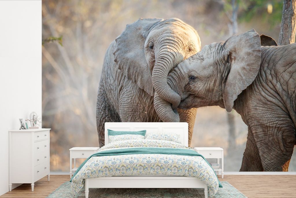 MuchoWow Fototapete für Wohnzimmer oder Schlafzimmer Wandtapete Vinyl Motivtapete Elefanten - Kuscheltier - Afrika - 330x220 cm - Fototapeten