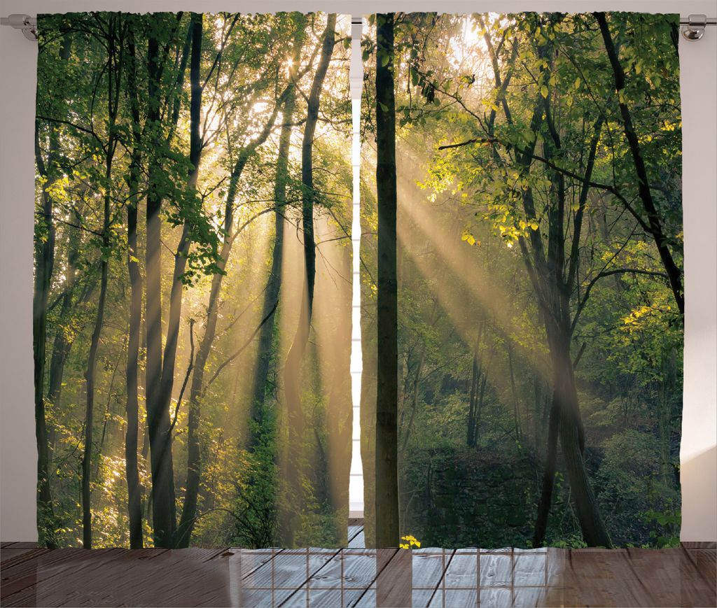 ABAKUHAUS Natur Rustikaler Gardine, Sommerzeit Landschaft, Schlafzimmer Kräuselband Vorhang mit Schlaufen und Haken, 280 x 225 cm, Grün Beige Sch...