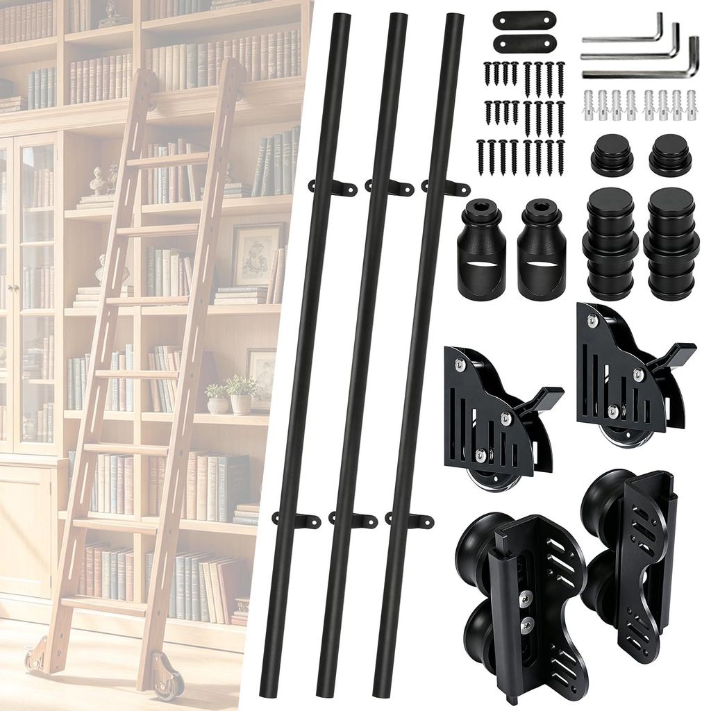 Schiebeleiter-Schienen-Set, 3x1m, Doppelrollen, 150kg, schwarz