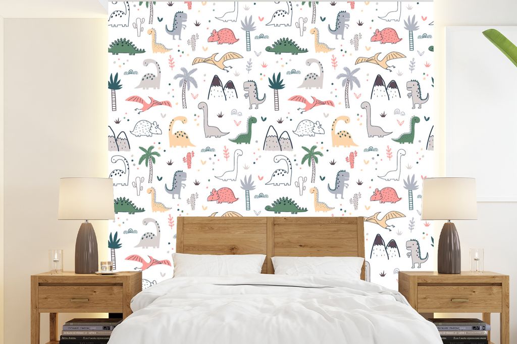 MuchoWow Fototapete für Wohnzimmer oder Schlafzimmer Wandtapete Vinyl Motivtapete Muster - Dino - Baum - Jungen - Kinder - Kinder - 220x240 cm -...