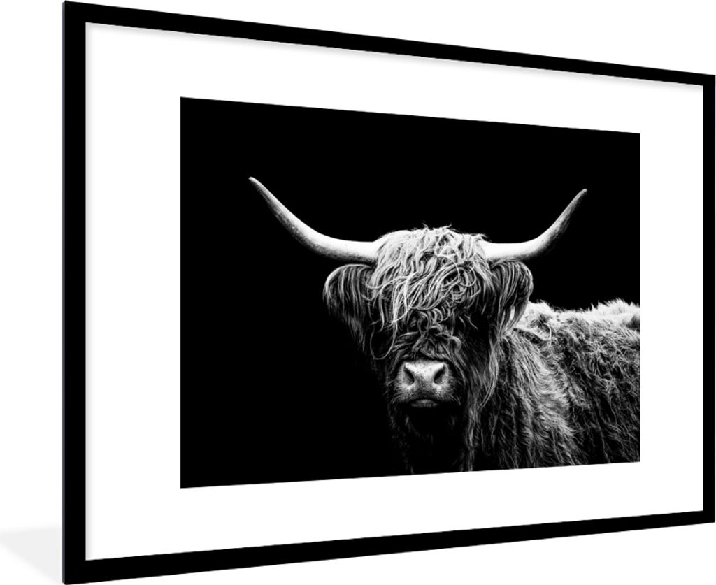 MuchoWow Gerahmtes Poster Schottischer Highlander - Kuh - Schwarz - Weiß - Tiere 90x60 cm - Poster mit Schwarzem Bilderrahmen Wandposter Rahmen ...