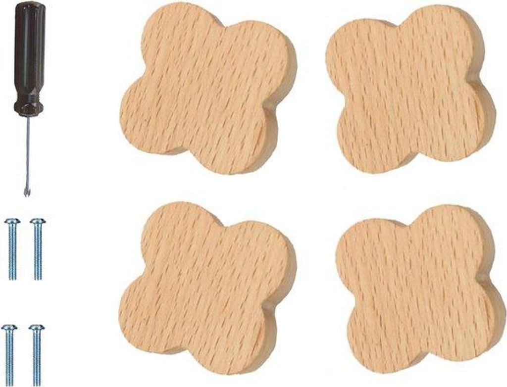 Houten Kastknoppen in Klavertje-Vier-Design - Set aus 4 - Ladegreifer für Wohnzimmer, Küche, Schlafzimmer - Kleiderschrank