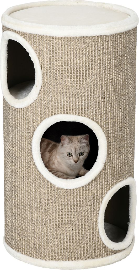A cat is inside a cylindrical cat scratching tower with multiple openings.