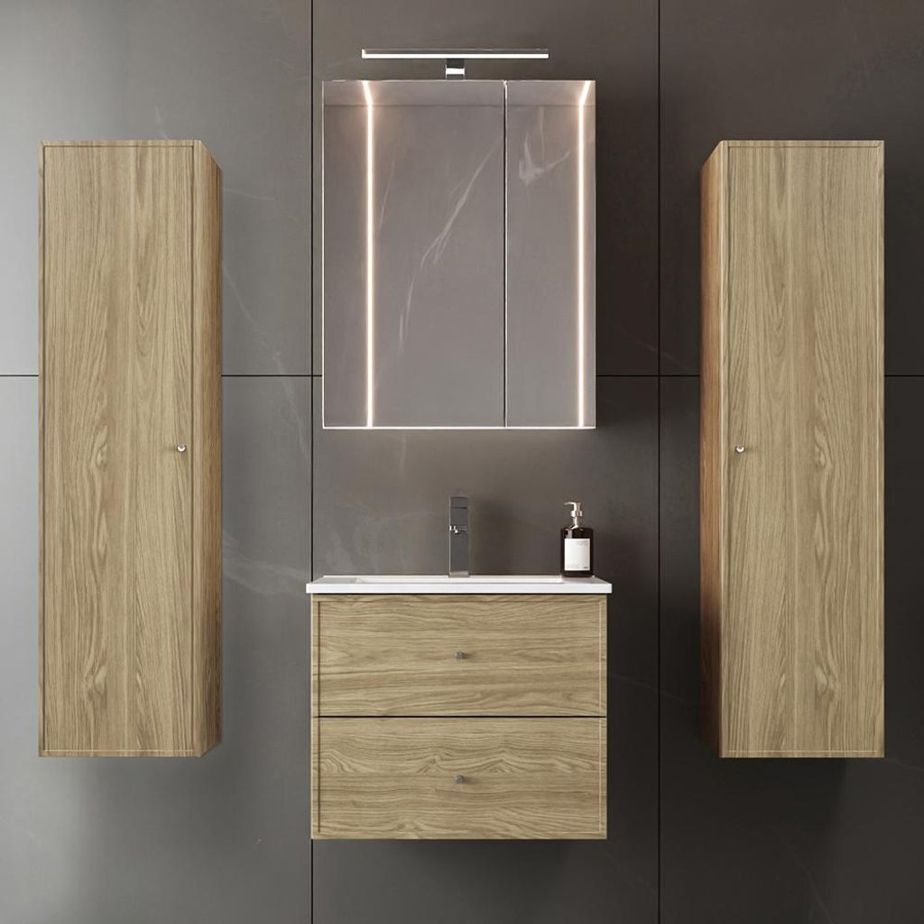 Badmöbel-Set 4-teilig mit 60 cm Waschtisch, 2 Hochschränke & Spiegelschrank in Eiche geölt - MURANO-140