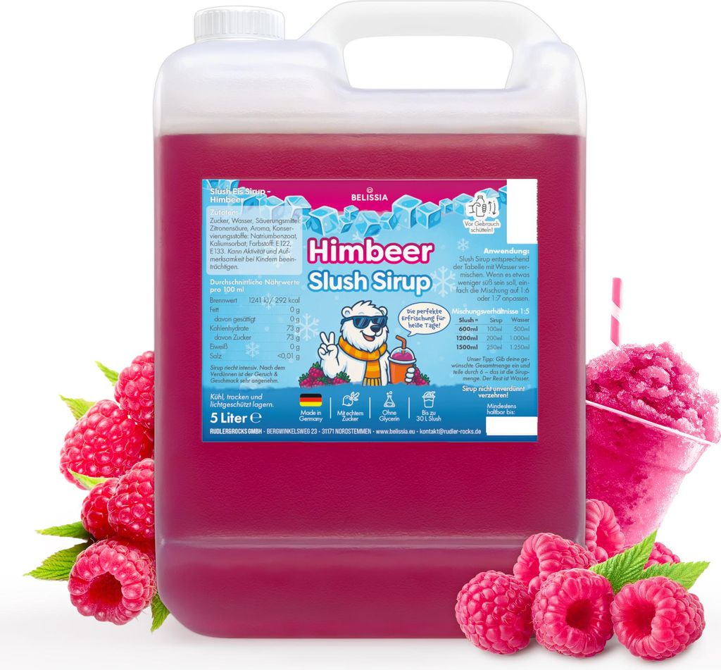 Belissia Slush Eis Sirup 5L Konzentrat | Himbeer Geschmack | sehr ergiebig in knalligen Farben (1:5) | Glycerin frei