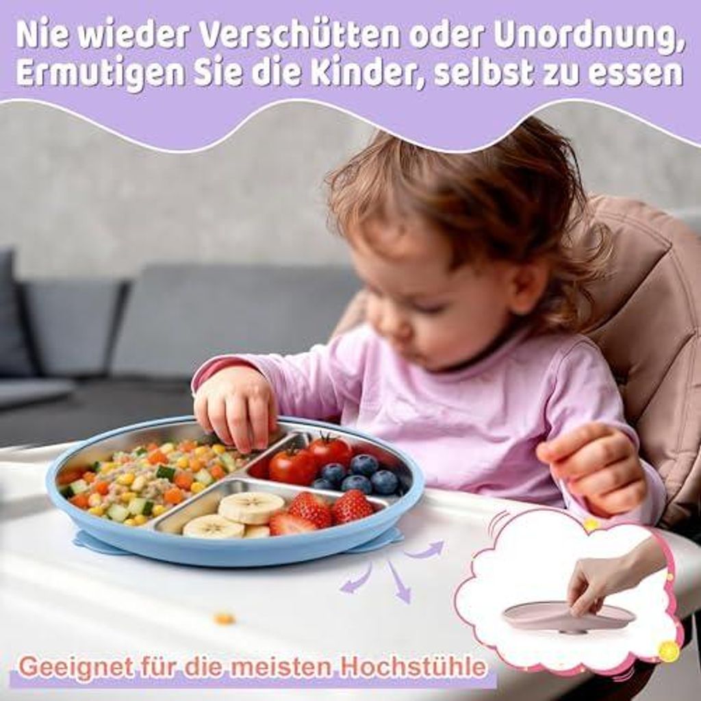 Baby Teller mit Saugnapf Set, 3-tlg Edelstahl Kinderteller