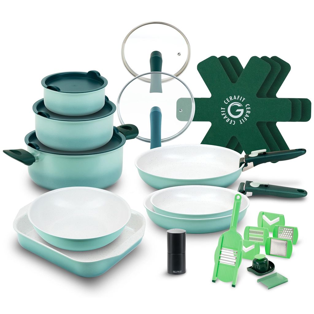 Genius Cerafit Revolution Vario Pfannenset Kochgeschirr Set 27-tlg., Keramikbeschichtung, abnehmbare Griffe, Topfsets, Induktion geeignet,backofenfest