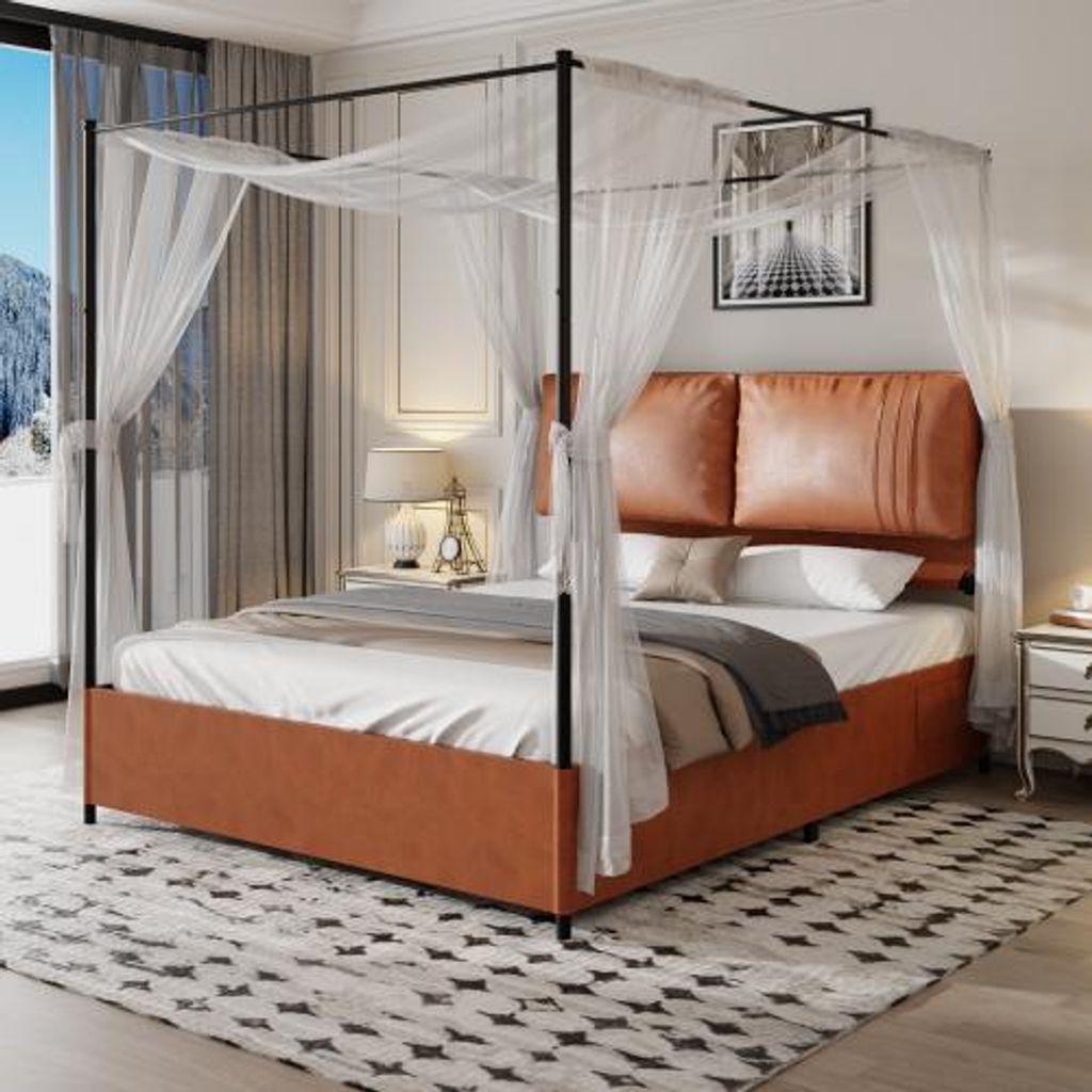 AIORBER Himmelbett 160x200cm mit Kunstleder Kopfteil, Metallrahmen, abnehmbar, viel Stauraum, stabil, modernes Komfortbett, Braun