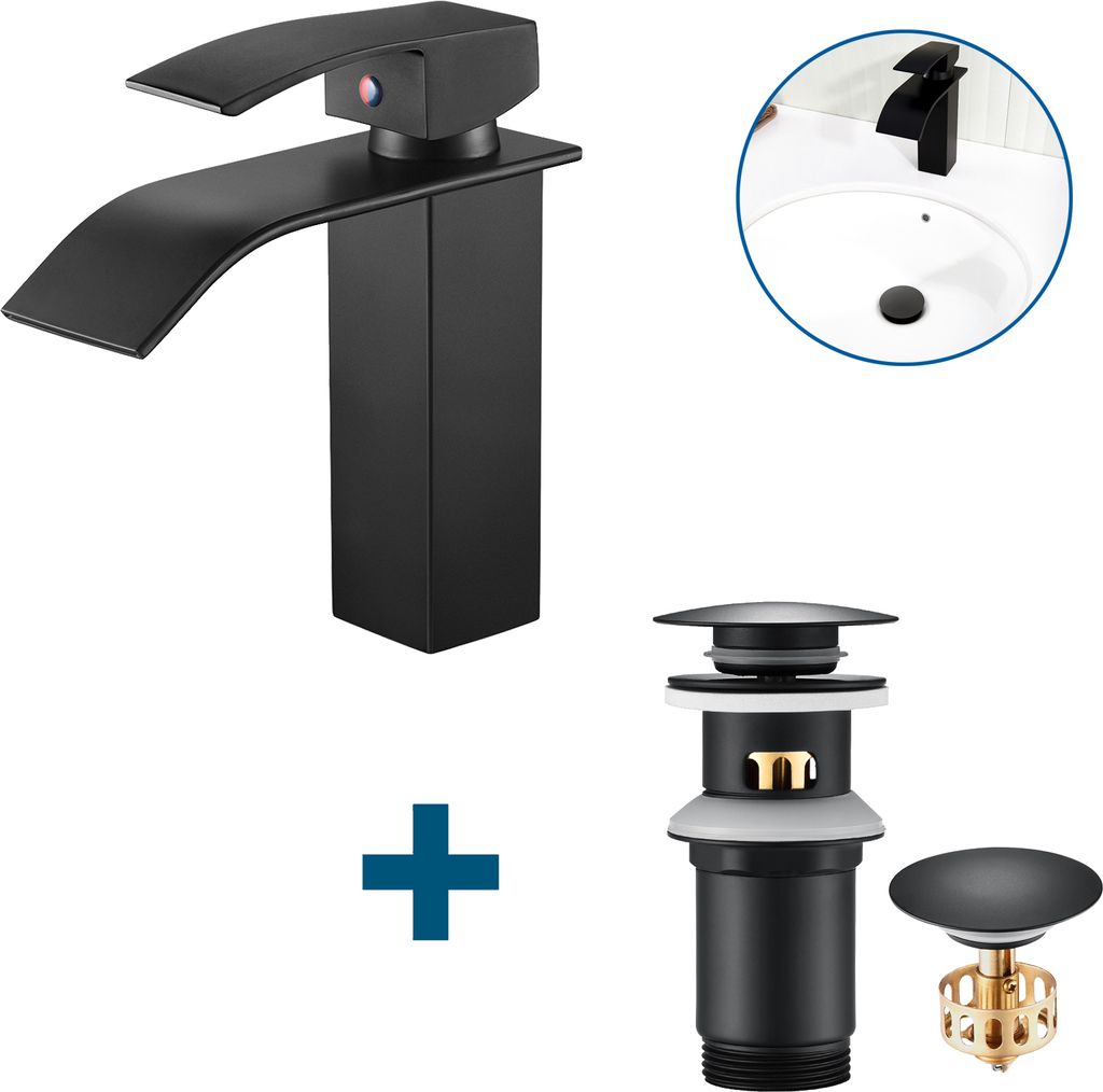 Waschtischarmatur Wasserfall Wasserhahn + Ablaufgarnitur mit Überlauf, Badarmatur mit Anti-Verstopfen Pop Up, Schwarz