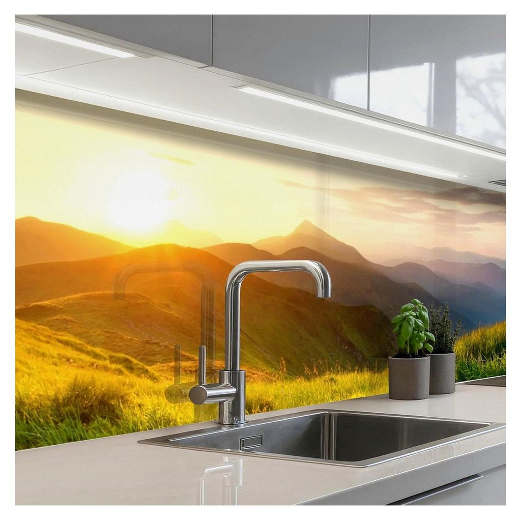 Küchenrückwand 60x250 cm Selbstklebend Küchenwand Schutz Küchenfronten Rückwände Küche Wand Gras - Hügel - Sonne - Natur - Landschaft