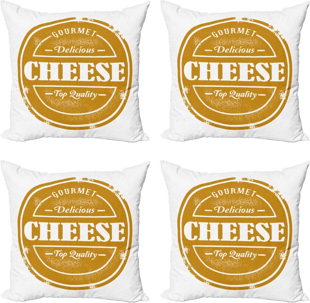 ABAKUHAUS Käse Kissenbezug Set (4 Stück), Lebensmittel Themed Grunge Stempel, Moderner Doppelseitiger Digitaldruck, 40 cm x 40 cm, Dunkelgelb Weiß
