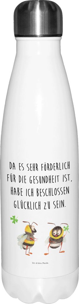 Mr. & Mrs. Panda Trinkflasche Hummeln Kleeblatt - Weiß - Geschenk, Thermo-Trinkflasche, trinkflaschen, Thermos, Biene, Wasserflasche, glücklich W...