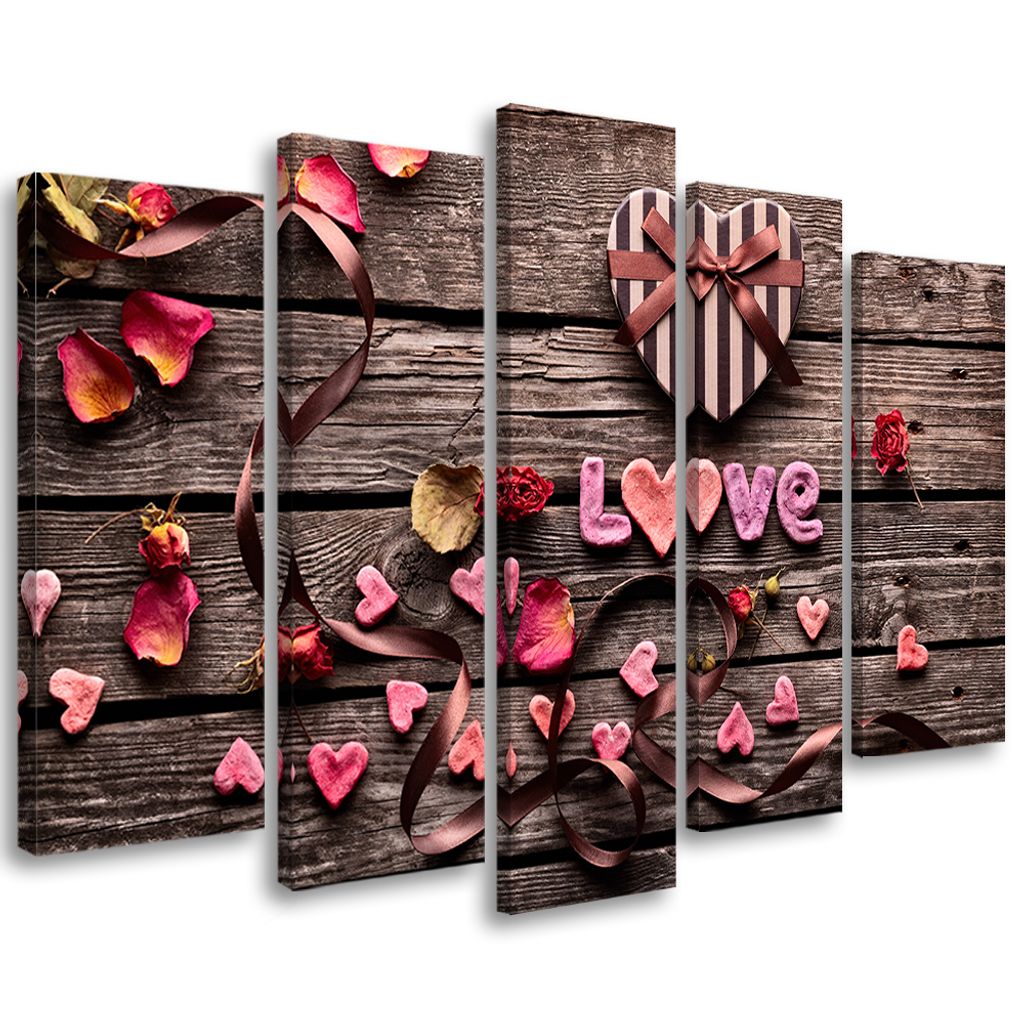 5-teiliges leinwandbild herz liebe vintage blumen 100x70 cm Feeby rosa wandbild bereit zum aufhängen