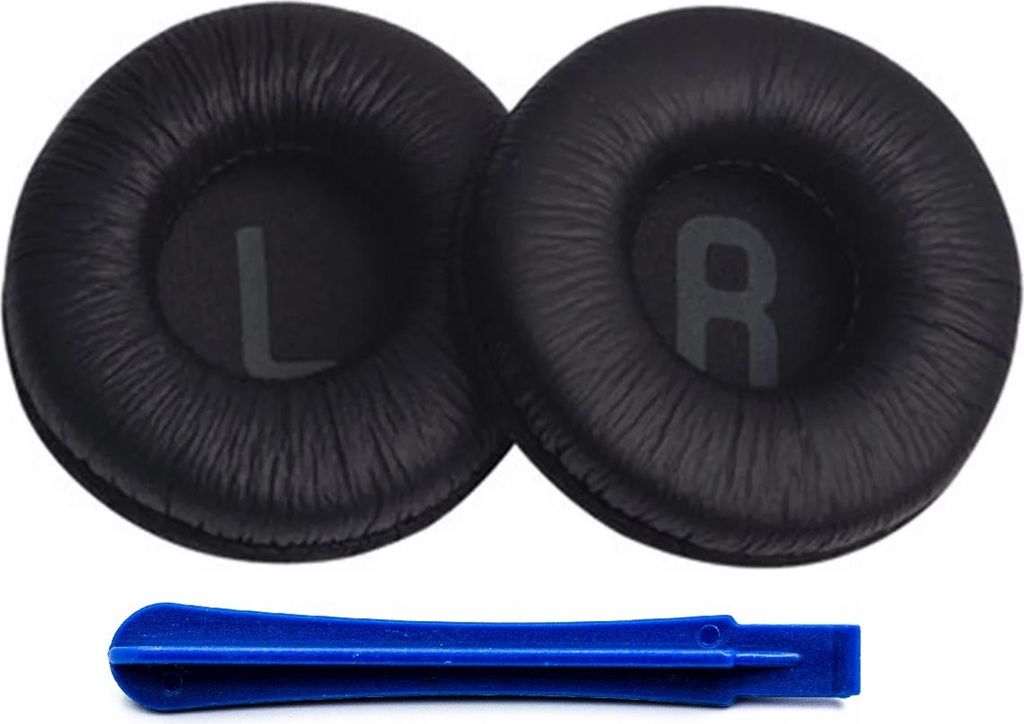 Two black ear pads for headphones and a blue plastic tool.