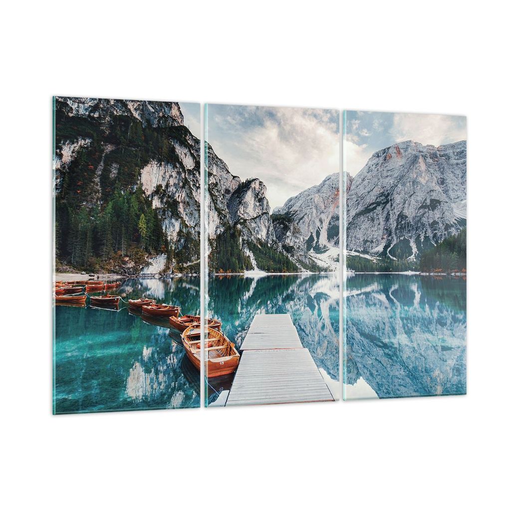 Bilder auf glas - 3 Teile - Boote Berge Hafen - 105x70cm - Glasbilder - Wandbilder - Bilder - zum Aufhängen bereit - Wanddekoration aus Glas - Gla...