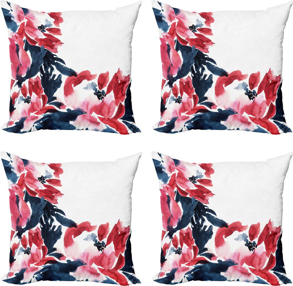 ABAKUHAUS Blumen Kissenbezug Set (4 Stück), Pfingstrosen Feder inspiriert, Moderner Doppelseitiger Digitaldruck, 45 cm x 45 cm, Dark Blue Red