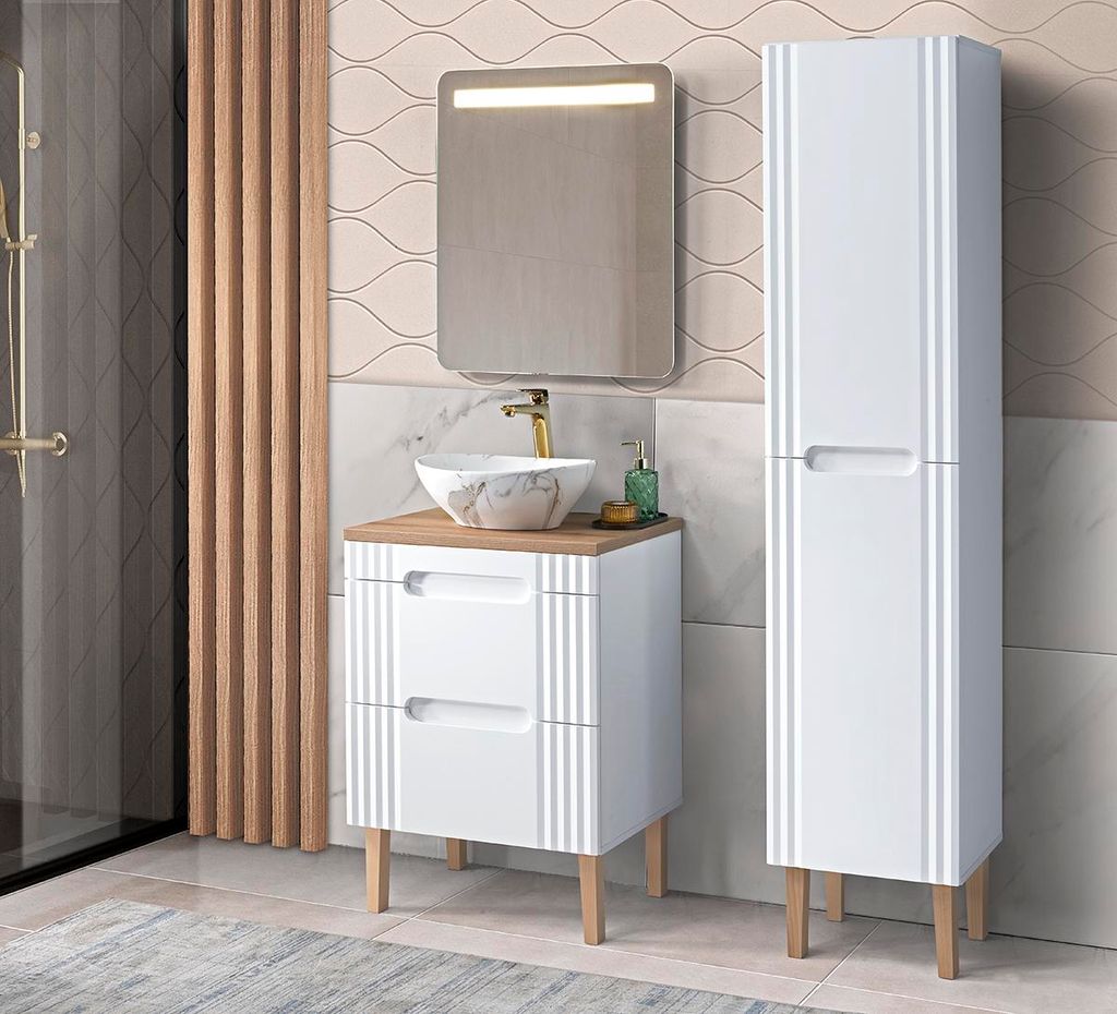 Badmöbel-Set 60Cm Mit Waschbecken, Schrank Und Spiegel