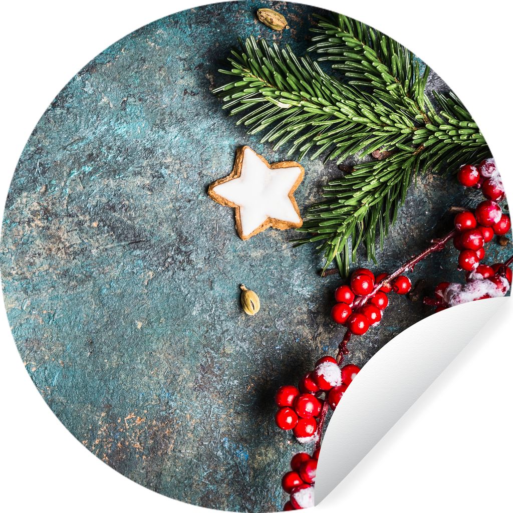 MuchoWow Runde Wandtattoo - Wandsticker Tapete Aufkleber Weihnachten - Rustikal - Zweige - Sternanis - Beeren - Rot Ø 80 cm Selbstklebend und Re...