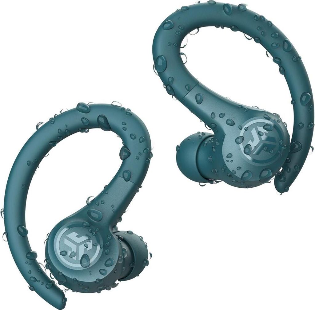 A pair of teal wireless earbuds covered in water droplets, shown against a white background.