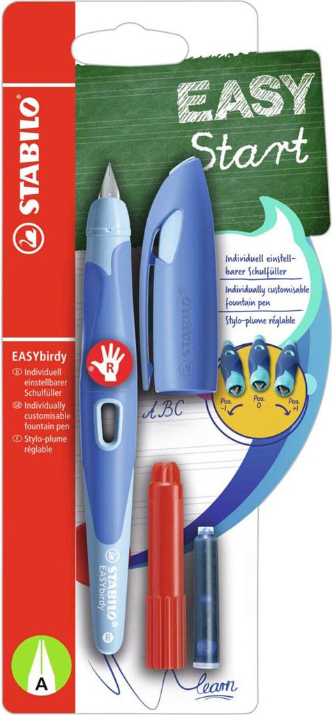 STABILO EASYbirdy ergonomischer Schulfüller - pastell Edition - Feder A - Rechtshänder - blau + hellblau