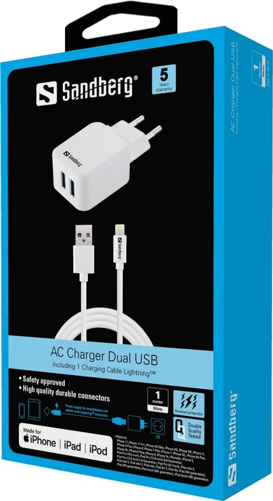Chargeur Rapide 2.4A Sandberg avec Câble Lightning Intégré Longue Durée - 4