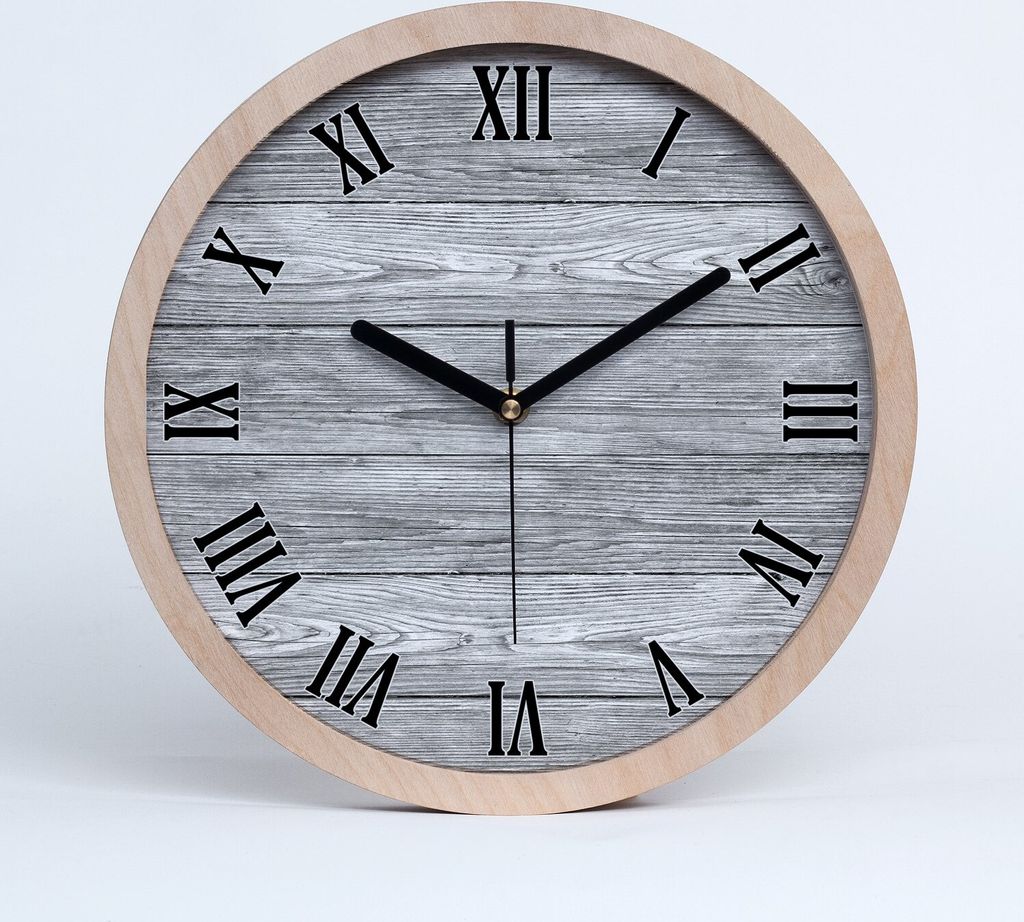 Holzuhr 25fi cm wanduhr - schwarze Spitzen - Holzuntergrund