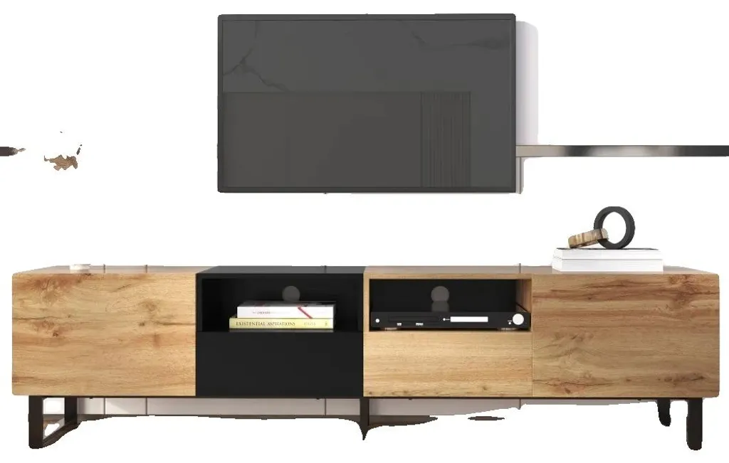 Meuble TV design pour cacher les câbles - Rangement salon bois et noir