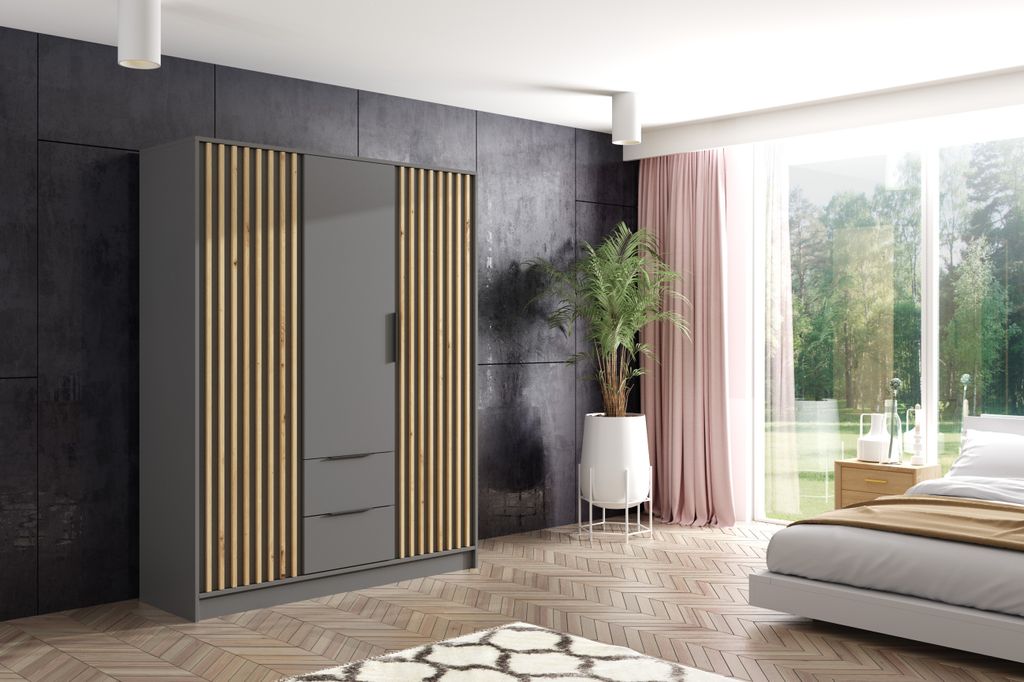ALTDECOR Kleiderschrank mit selbstschließenden, Lamellentüren, Lamellen, Flügeltüren - NELIA - 150 cm Graphit