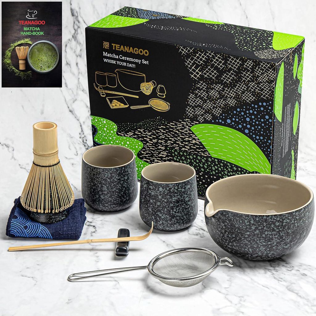 Traditionelles japanisches Matcha-Set aus Keramik, 7-teilig, grau