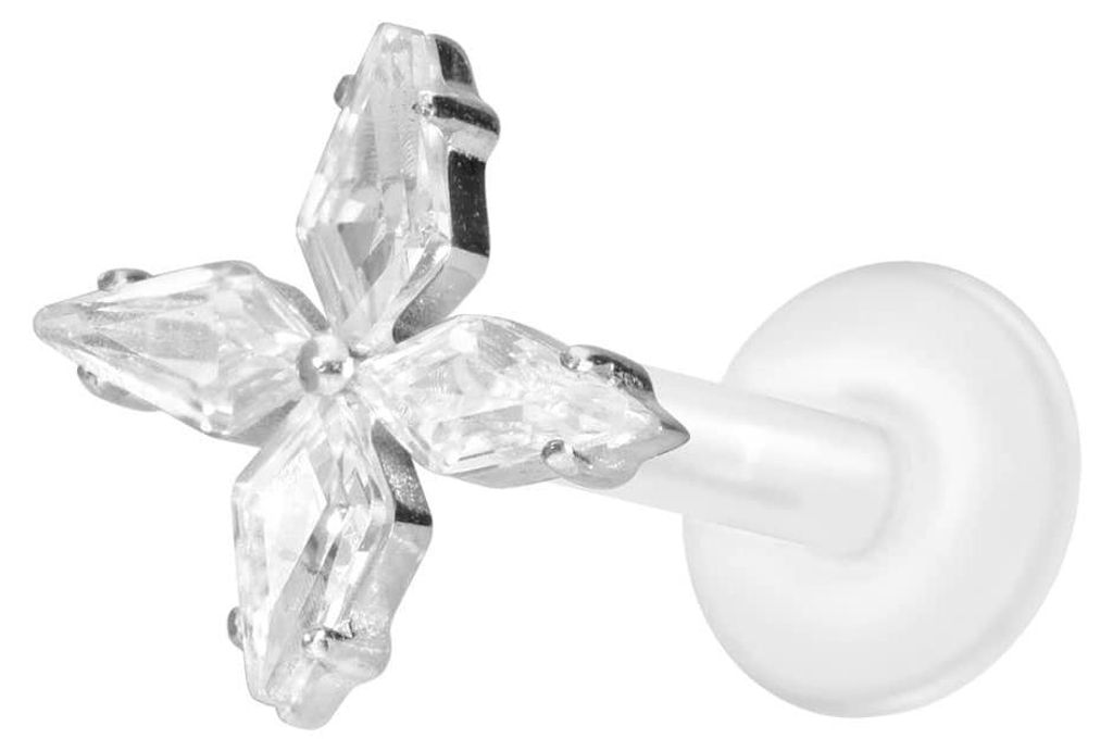 Ohrpiercing, Nasenpiercing PTFE Labret mit Innengewinde + Titan-Aufsatz KRISTALLSTERN Silber Stablänge: 8mm | Stabstärke: 1,2mm