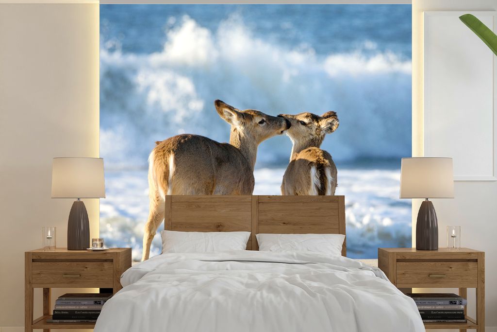 MuchoWow Fototapete für Wohnzimmer oder Schlafzimmer Wandtapete Vinyl Motivtapete Hirsche - Meer - Wasser - Sand - 300x300 cm - Wanddekoration